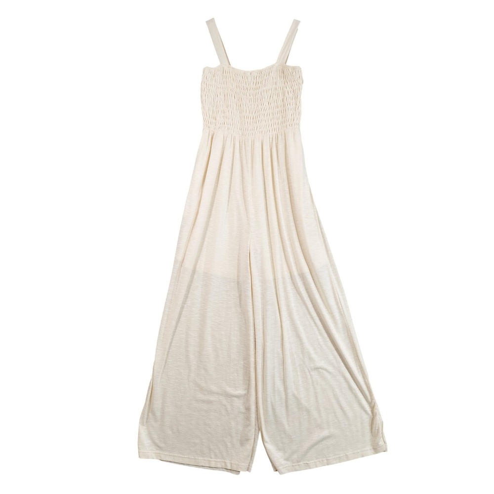 Listicle Jumpsuit Women Small Cream Smocked Wide Leg Sleeveless Boho Casual
